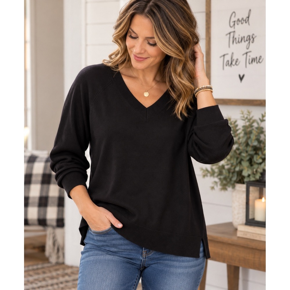 Lucky Brand V-Neck Sweater Womens L Black Pullover Cotton Blend Raglan Sleeve